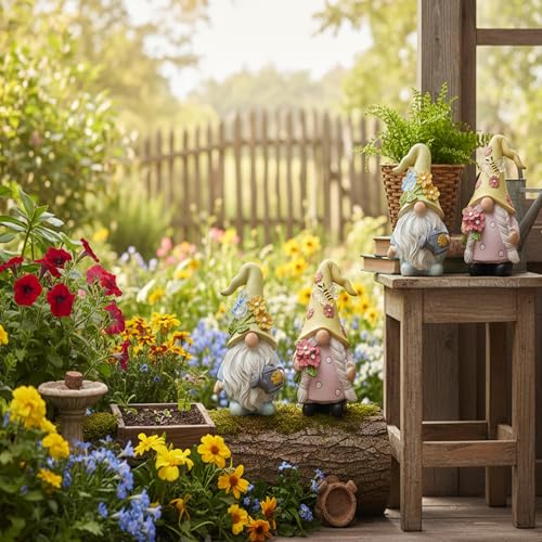 Cute 2 PCS Gnomes Statues Decor, Resin Figurines and Sculpture Décor, for Indoor Outdoor Yard Lawn Garden Home Patio Farmhouse Kitchen Table Decoration(Watering Can and Flower) - style: Watering Can and Flower-Holding