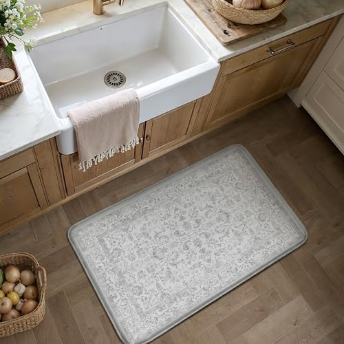 Kitchen Mats for Floor Anti Fatigue Cushioned Gray Vintage Kitchen Mats Waterproof Non Slip Comfort Standing Grey Retro Floral Rug for Sink Laundry Office Bathroom 17.3"x30" - color: Accent | Grey, size: 17.3"x30"--0.4inch