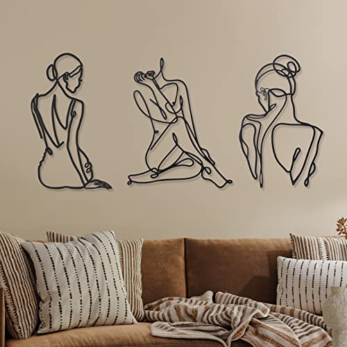 Photect 3 Pcs Metal Wall Art Decor Minimalist Abstract Woman Wall Art Metal Modern Line Drawing Decor Female Single Line Home Hanging for Bedroom Bathroom Living Room Housewarming(Retro,Black) - color: Black, style: Retro