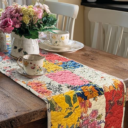 Reversible Patchwork Floral Quilted Table Runner, 13 x 72 Inch | 13 x 72-inch reversible cotton table runner, patchwork front, white-ground floral back, gift boxed, machine washable