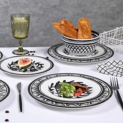 Melamine Dinnerware Sets-12pcs Melamine Plates and Bowls Set, Round | Unbreakable, Dishwasher Safe, Indoor Outdoor Use, Ideals for Parties, Camping Dish Set, Black and White Pattern - color: Black White