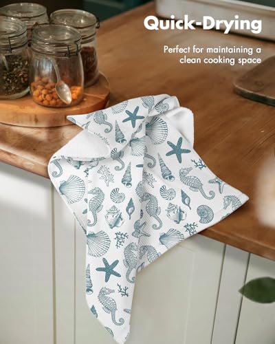 2pcs Cotton Waffle Kitchen Towels, Nautical | Waffle Weave, Terry Cloth, Pure Cotton, Sustainable, 16"x26", Highly Absorbent, with Hanging Loop, Giftable Package - color: Coastal