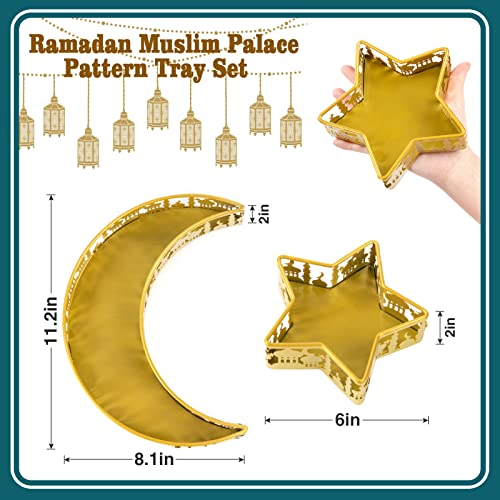 2PCS Ramadan Serving Trays Decorations for Home - Moon Star Shaped Eid Mubarak Table Decor Gifts, Islam Muslim Al-Fitr Iftar Party Crescent Iron Platters Dishes(Palace Pattern) - style: Palace