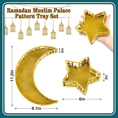 2PCS Ramadan Serving Trays Decorations for Home - Moon Star Shaped Eid Mubarak Table Decor Gifts, Islam Muslim Al-Fitr Iftar Party Crescent Iron Platters Dishes(Palace Pattern) - style: Palace
