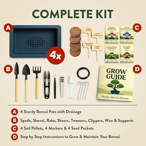 HOME GROWN Bonsai Tree Starter Kit – Unique Christmas Gift for Adults, Men, Women - Grow 4 Bonsais – DIY Crafts Hobby Gardening Kit for Plant Lovers, Mom, Dad - White Elephant Gifts for Adults - style: Starter Bonsai Grow Kit