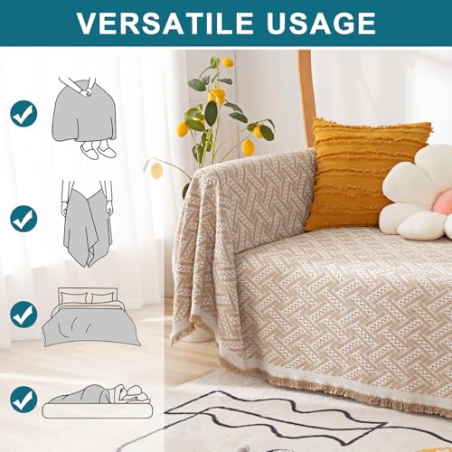 Turquoize Sectional Couch Covers L Shape Couch Cover Sectional Sofa Cover Washable 2 Pieces Blanket for Sectional Sofa Feature Geometrical Woven Jacquard Fabric (71" x 102"+63" x 110", Khaki/White) - color: Khaki/White, size: Small Sectional: 71" x 102"+6