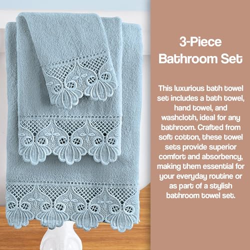 Zahari Home 3 Piece Laced Towel Set - Stylish Soft Plush Cotton Towels with Hand Towel & Washcloth - Highly Absorbent Towels for Bathroom, Gym, Hotel & Spa (Macramee Blue) - color: Macramee-blue