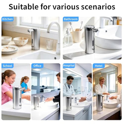 Touchless Automatic Soap Dispenser,11.84 oz Rechargeable Automatic Soap Dispenser, 3-Level Adjustable Liquid soap Dispenser, Suitable for bathrooms and Kitchens (Stainless)
