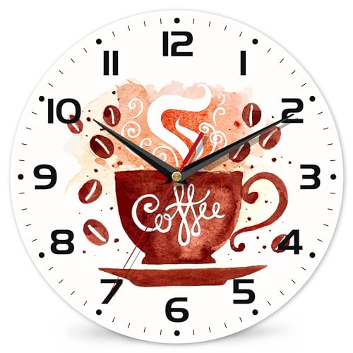Watercolor Coffee Cup Wall Clock - Vintage Wooden Battery Operated Non-Ticking 10 Inch Silent Art for Living Room, Bedroom, Kitchen - Home Decor for Girls Kids - color: Watercolor Coffee Cup