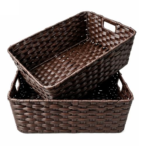 Large 2-Pack Plastic Wicker Storage Baskets, 17"x13"x5.5", Brown | onlytak Woven Baskets for Laundry, Closet, Living Room, Shelf Organization, Cat Bed - color: Brown, size: 17" x 13" x 5.5"