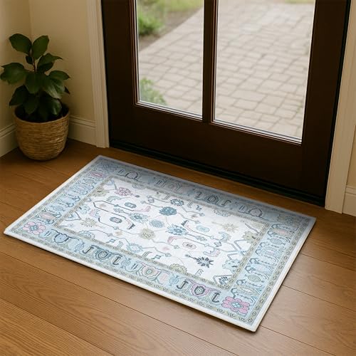 Fame Living Cream Green Oushak Rug, Modern Small Rugs, Vintage, Turkish, Eclectic, Floral, Pastel, Washable, Door Mat, Doormat for Indoor Entrance, Entryway, Kitchen, Bathroom, Bedroom, Laundry, 2'x3' - color: Cream Green, size: 2' x 3' (Rectangular)