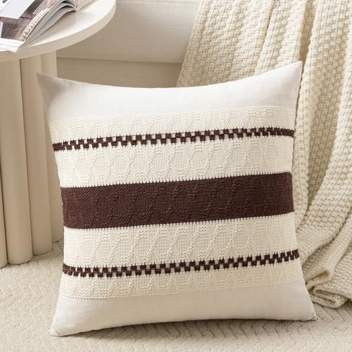 Fancy Homi Set of 1 Boho Brown Decorative Throw Pillow Cover 16x16 Inch for Couch Bed Sofa, Aesthetic Modern Organic Farmhouse Home Decor, Soft Cotton Cute Accent Macrame Woven Cushion Case - color: Brown, size: 16" x 16" (Pack of 1)