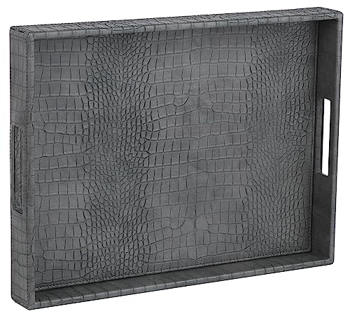 HofferRuffer Rectangle Serving Tray with Hole Handles for Coffee Table, Breakfast, Tea, Food, Butler - Countertop, Kitchen, Vanity Serve Tray, 16.2 x 12.2 x 2 inches, Faux Leather Tray (Dark Grey) - color: Dark Grey