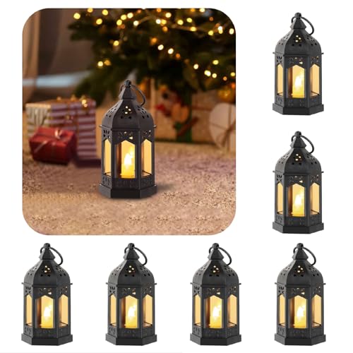 Mini Black Lanterns with LED Candles, Set of 6 for Centerpieces | Moroccan-style Small Hanging Lanterns with Glass Panels, for Ramadan, Diwali, Ganpati, Weddings, and Enchanted Forest Decor - color: Black