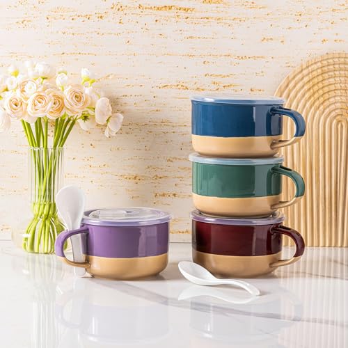 GBhome Ceramic Soup Mugs with Handles and Lids,24 OZ Soup Cups Set of 4 | Terracotta Underside,Mug Bowls with Spoon for Soup/Cereal/Salad/Noodles/Ramen/Microware &Dishwasher Safe-Multicolor - color: Multicolor-2