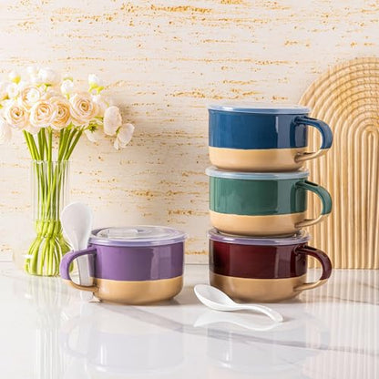 GBhome Ceramic Soup Mugs with Handles and Lids,24 OZ Soup Cups Set of 2 | Terracotta Underside,Mug Bowls with Spoon for Soup/Cereal/Salad/Noodles/Ramen/Microware &Dishwasher Safe-Green&Purple - color: Green&Purple