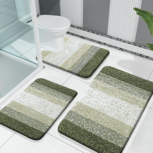 OLANLY Microfiber Bathroom Rugs Sets 3 Piece, 30"x20"+24"x16"+24"x20" | Dark Green, Soft Absorbent Bath Mat and U-Shaped Contour Toilet Rug, Machine Wash Dry, Plush Shaggy Bath Mat Set for Bathroom - color: Dark Green, size: 30" X 20" + 24" X 16" + U24" X