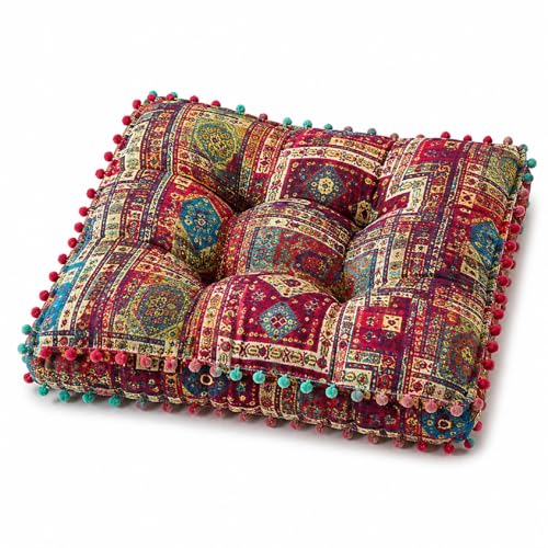 Boho Floor Cushion Seat Pillow, Thick Tufted Chair Pad with Pom Pom Trim, Cotton Linen Square Seating Cushion for Floor, Dining Chair, Reading Nook, Sofa, Office, Balcony and Living Room Decor - color: C