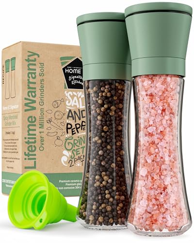 Home EC Premium Green Sea Salt and Pepper Grinder Set of 2 - Adjustable Ceramic - Tall Glass Salt and Pepper Shakers - Kitchen Pepper Mill & Salt Mill W/Funnel & EBook - color: Green Cap/Clear Glass, size: 2pk