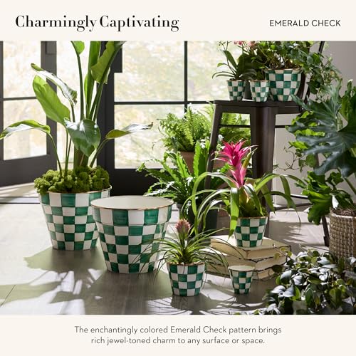 MACKENZIE-CHILDS Enamel Herb Pot Set, Small, Green-and-White Emerald Check | Hand-painted design, small plant pots for herbs or flowers, 3.5" dia. x 3.25" H, 8-ounce capacity per pot, set of 3 - color: Emerald Check