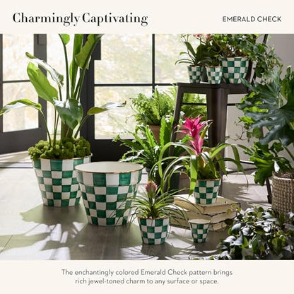 MACKENZIE-CHILDS Enamel Herb Pot Set, Small, Green-and-White Emerald Check | Hand-painted design, small plant pots for herbs or flowers, 3.5" dia. x 3.25" H, 8-ounce capacity per pot, set of 3 - color: Emerald Check