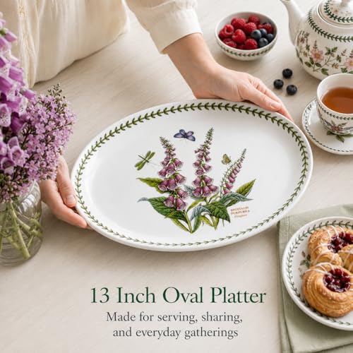 Portmeirion Botanic Garden Oval Platter - Porcelain & Foxglove Motif | 13" Serving Platter for Appetizers, Desserts & More - Dishwasher, Microwave, Freezer & Oven Safe with Chip-Resistant Glaze
