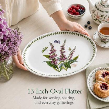 Portmeirion Botanic Garden Oval Platter - Porcelain & Foxglove Motif | 13" Serving Platter for Appetizers, Desserts & More - Dishwasher, Microwave, Freezer & Oven Safe with Chip-Resistant Glaze