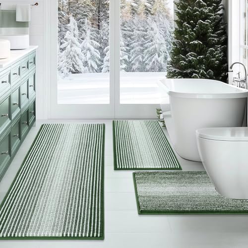 Bathroom Rugs Sets 3 Piece, Toilet Rugs U-Shaped Contour Bath Mat Set, Long Striped Absorbent Non Slip Chenille Shower Mat, Hunter Green - color: Hunter Green, size: 20"x47"+16"x24"+ U Shape 20"x24"