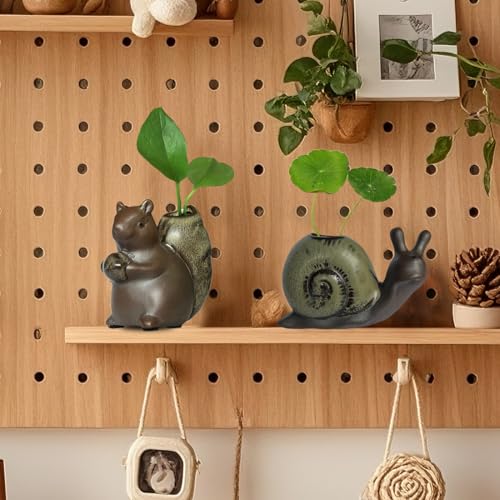 Cute Ceramic Garden Figurines Statue Set of 3 Turtle,Snail, Squirrel, Sculptures Ornaments for Home Office Desk Table Bookshelf Decor and Gifts