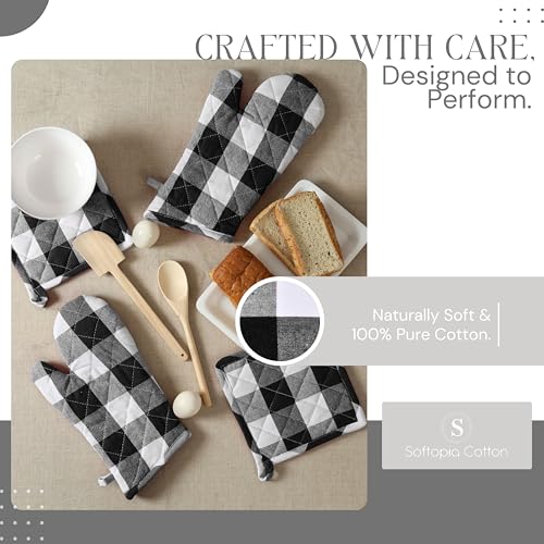 Oven Mitt & Pot Holder Buffalo Plaid Check 100% Cotton Heat Resistant Oven Gloves (7"x13") & Hot Pads (8"x8") Combo for Baking, Cooking - Black - color: Black, Buffalo Plaid