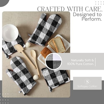 Oven Mitt & Pot Holder Buffalo Plaid Check 100% Cotton Heat Resistant Oven Gloves (7"x13") & Hot Pads (8"x8") Combo for Baking, Cooking - Black - color: Black, Buffalo Plaid