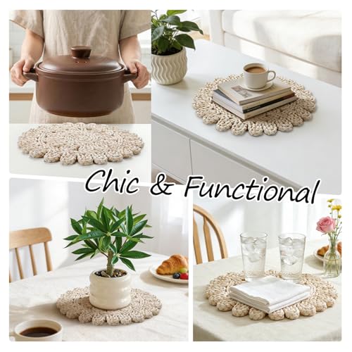 13" Round Placemats Set of 8, Corn Husk Woven Placemat, Rustic White Place Mats for Dining Table Decor, Boho Rattan Wicker Plate Chargers for Wedding Dinner Party