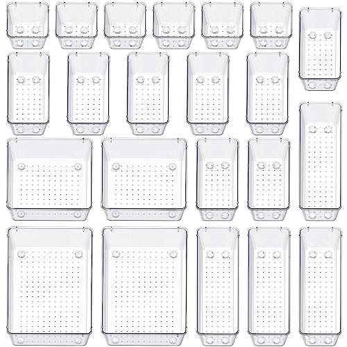 SMARTAKE 22-Piece Drawer Organizer with Non-Slip Silicone Pads, 5-Size | Clear Desk Bathroom Drawer Organizer Trays Storage Tray for Makeup, Jewelry, Utensils in Bedroom Dresser, Office and Kitchen - size: 22 PCS