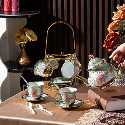 Zhehao 20 Pcs Porcelain Tea Set with Metal Holder and Spoon Adult Ceramic Tea Set European Flower Painting Teapot Cup Saucer Spoon for Women Mom Gift, Large Version (Fresh Style) - color: Fresh Style