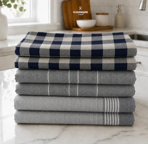 CSL Premium Kitchen Towels Set of 6,Highly Absorbent,Quick Dry,18x28,Indigo | Cotton waffle-weave, Absorbent and Durable, Corner Hanging Loop, Great for Pots, Hands and Cishes, Checkered Pattern - color: Indigo - Waffle, size: 6 Pack