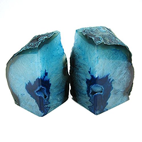 JIC Gem Teal Agate Geode Bookends Rubber Bumpers Shelf Decor 1 Pair 3-4 lbs | Dry Teal Crystal Bookends with Anti-Slip Rubber Bumpers,Decorative Natural Stone Book Holders for Home Office Bookshelf Decor - color: Green Dyed, size: 3-4LBS.