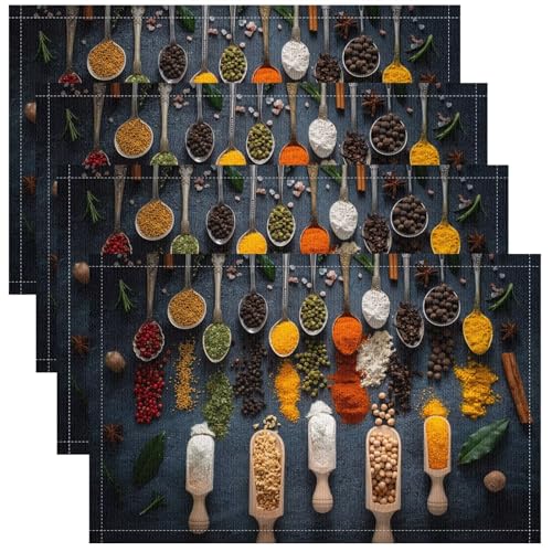 Spice Placemats Set of 6, 17x12 Inch Retro Rustic Colorful Herbs Spices Food Spoons Art Print Table Mats for Home Party Kitchen Dining Decor - color: Style-2, size: 6PCS