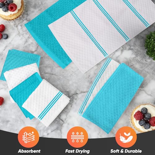 Oven Mitts Kitchen Towels and Dishcloths with Pot Holders Sets, Oven Gloves Hot Pads 500°F Heat Resistant with Silicone Grip, Include 2 Cooking Gloves/2 Potholders/4 Kitchen Towels/4 Dish Towels - color: Lake Blue