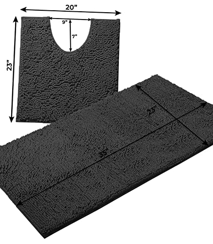 Luxury Black Bathroom Rugs - 2-Piece Set, Soft Plush Anti-Slip Bath Rug + U-Shaped Toilet Mat. Microfiber Shaggy Carpet, Super Absorbent - 36'' x 24'' + 24'' x 20'', Black - color: Black, size: 2 Piece Set - Large