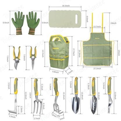 Green Garden Tools Set 12-Piece, Gardening Gifts for Women Men | Aluminum Gardening Hand Tools with Non-Slip Ergonomic Handle, Apron, Gloves, Kneeling Pad and Storage Bag, Garden Starter Kit - color: green
