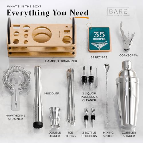 BARE BARREL® Mixology Bartender Kit Bar Set | 14-Piece Cocktail Shaker Set | Martini Barware Mixing Tools for Home Bartending | 35 Recipe Cards | Gift Set (24oz Cobbler Shaker, Silver/Natural) - color: Silver/Natural
