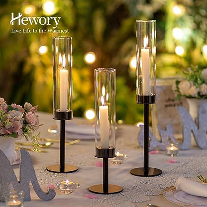 Hewory Black Candlestick Holders Hurricane Candle Holder, 12Pcs Candle Stick Candle Holder Candelabra, Taper Candle Holders with Glass Candle Cover for Wedding Table Centerpiece Christmas Decor | Elegant Tall Taper Candle Holders at 3 different heights, T