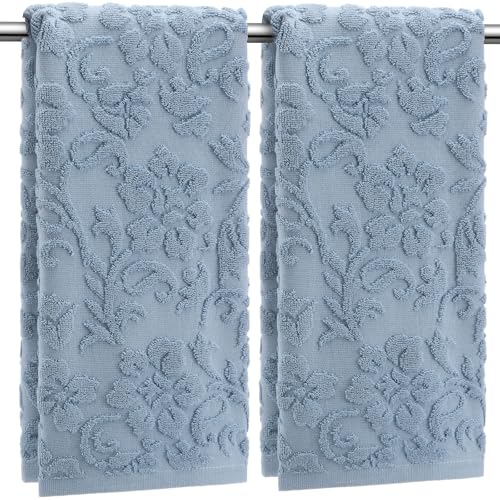 SmoothNovelty 2 Pcs Quality Floral Jacquard Hand Towels Set for Bathroom Blue Hand Towels 100% Cotton Absorbent Decorative Weave Bath Decor Neutral Bathroom Decor Gift, 13.7 x 29.5 Inch - color: Blue, style: Floral