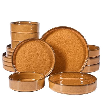 Two Time Oprah's Favorite Things Winner - Santorini Mist Double Bowl Terracotta Reactive Glaze Plates and Bowls Dinnerware Set - Amber, Service for Four (16pcs) - color: Amber