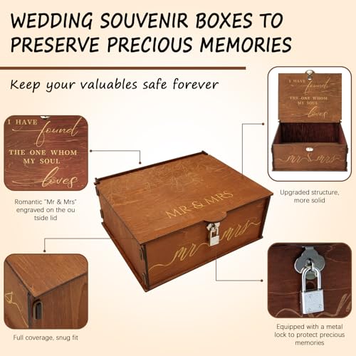Mr and Mrs Wedding Keepsake Box Large Wooden Storage Box with Lid and Lock | Assembled Keepsake Memory Box, Anniversary Engagement Gift, Exquisitely Carved Exterior, Quick Assembly, Large Capacity
