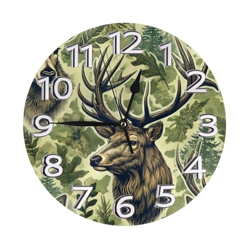 Silent Non-Ticking 10-Inch Wall Clock Deer Heads Elk Camouflage Round Decorative Quartz Clock for Living Room,Bedroom,Kitchen - style: Deer Heads