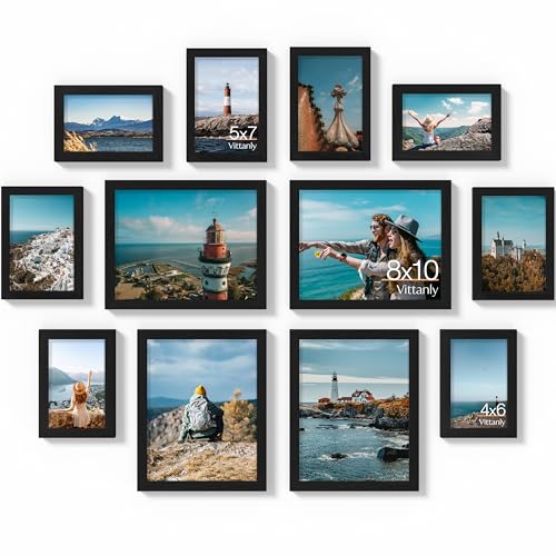 Vittanly 12 Pack Picture Frames Collage Wall Decor, Black | Gallery Wall Frame Set: 4pcs 8x10, 4pcs 5x7 & 4pcs 4x6 Photos for Wall & Table, Picture Frames made of Engineered Wood - color: Black