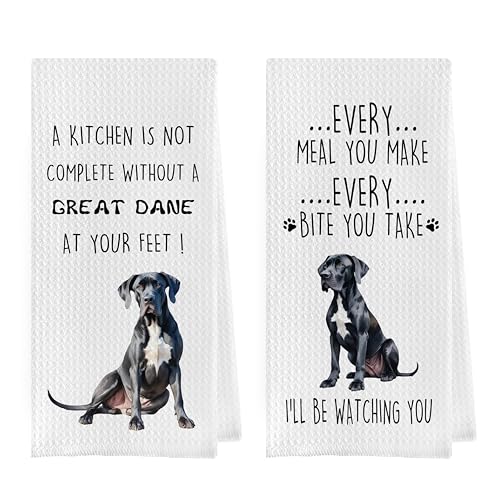 Great Dane Dish Towels Set - Funny Great Dane Decorative Waffle Kitchen Towels, Hand Towel, Tea Towel (16×24 Inches, Set of 2) - color: Great Dane