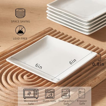 Appetizer Plates Set of 6, 6 Inch Porcelain Dessert Plates, White Stackable Square Salad Plates for Snack Steak Bread Butter, Chip and Scratch Resistant, Microwave and Dishwasher Safe | Small Dinner Plates, White Ceramic Serving Dishes for Salad Snack Ste