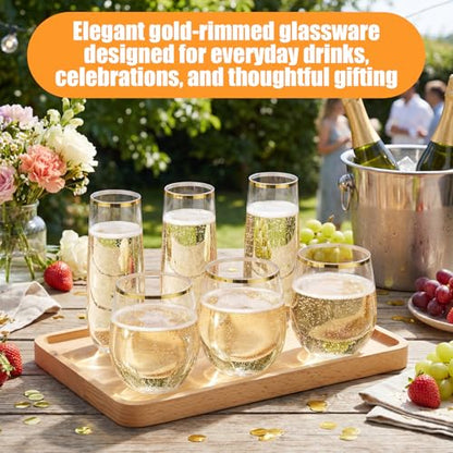 Remerry 48 Pack Stemless Plastic Wine Glasses 9 oz & 12 oz Disposable Champagne Flutes Cups Shatterproof Toasting Cocktail Glasses for Weddings, Bars, Events(Gold Rim) - style: Gold Rim